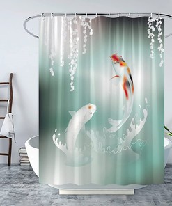 Teal Koi Fish Shower Curtain with Elegant Weeping Flower and Floating Leaves Design
