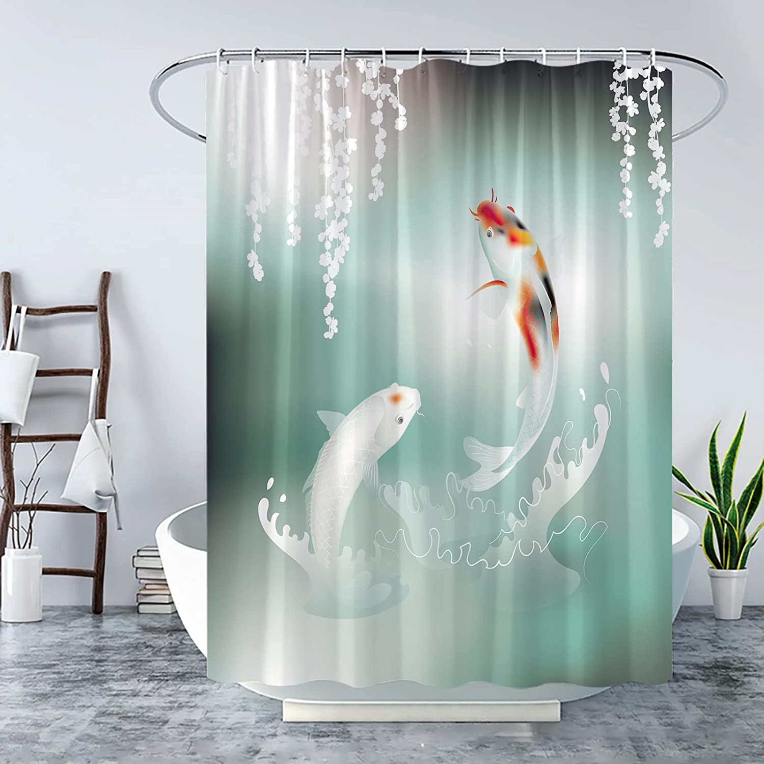 Teal Koi Fish Shower Curtain with Elegant Weeping Flower and Floating Leaves Design