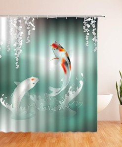 Teal Koi Fish Shower Curtain with Elegant Weeping Flower and Floating Leaves Design
