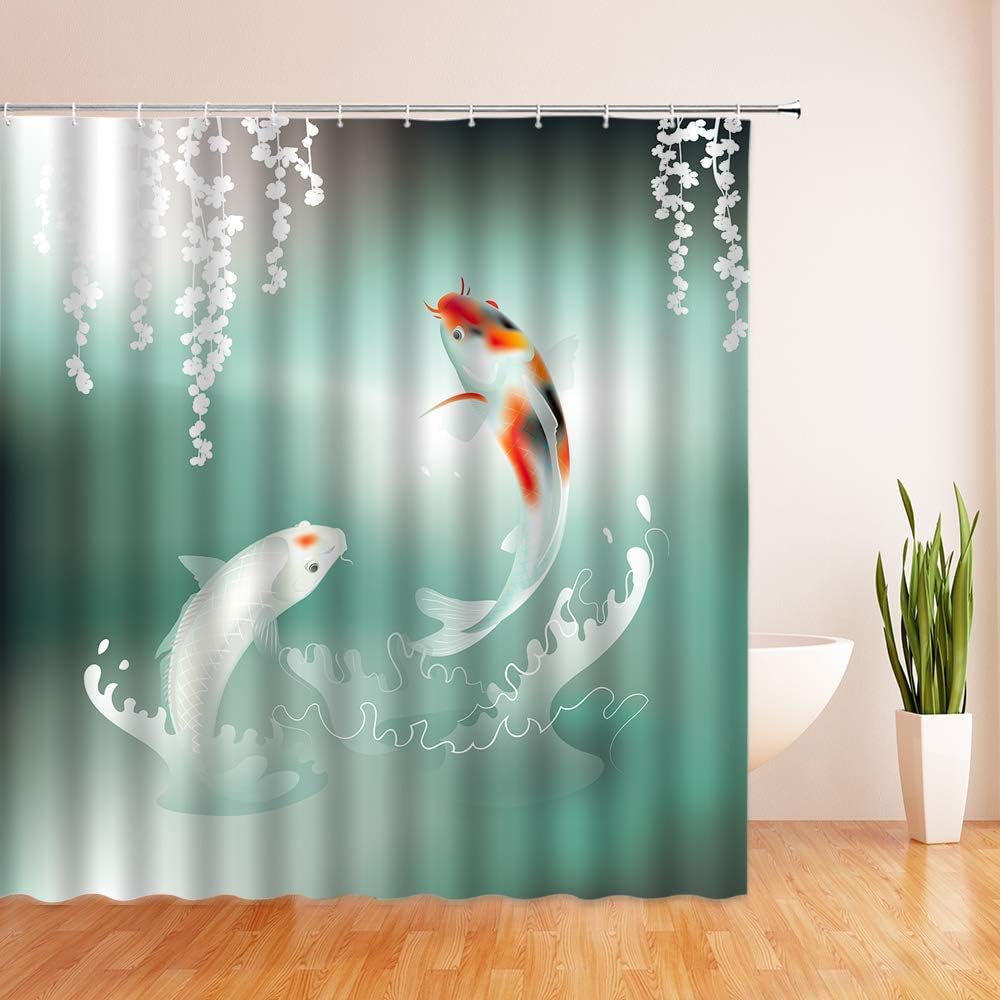 Teal Koi Fish Shower Curtain with Elegant Weeping Flower and Floating Leaves Design