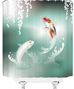 Teal Koi Fish Shower Curtain with Elegant Weeping Flower and Floating Leaves Design