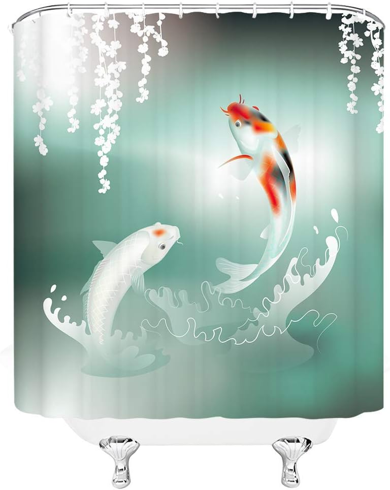 Teal Koi Fish Shower Curtain with Elegant Weeping Flower and Floating Leaves Design