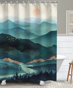Teal Misty Forest Shower Curtain with Landscape Elements, Modern Bathroom Decor 