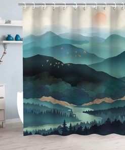 Teal Misty Forest Shower Curtain with Landscape Elements, Modern Bathroom Decor