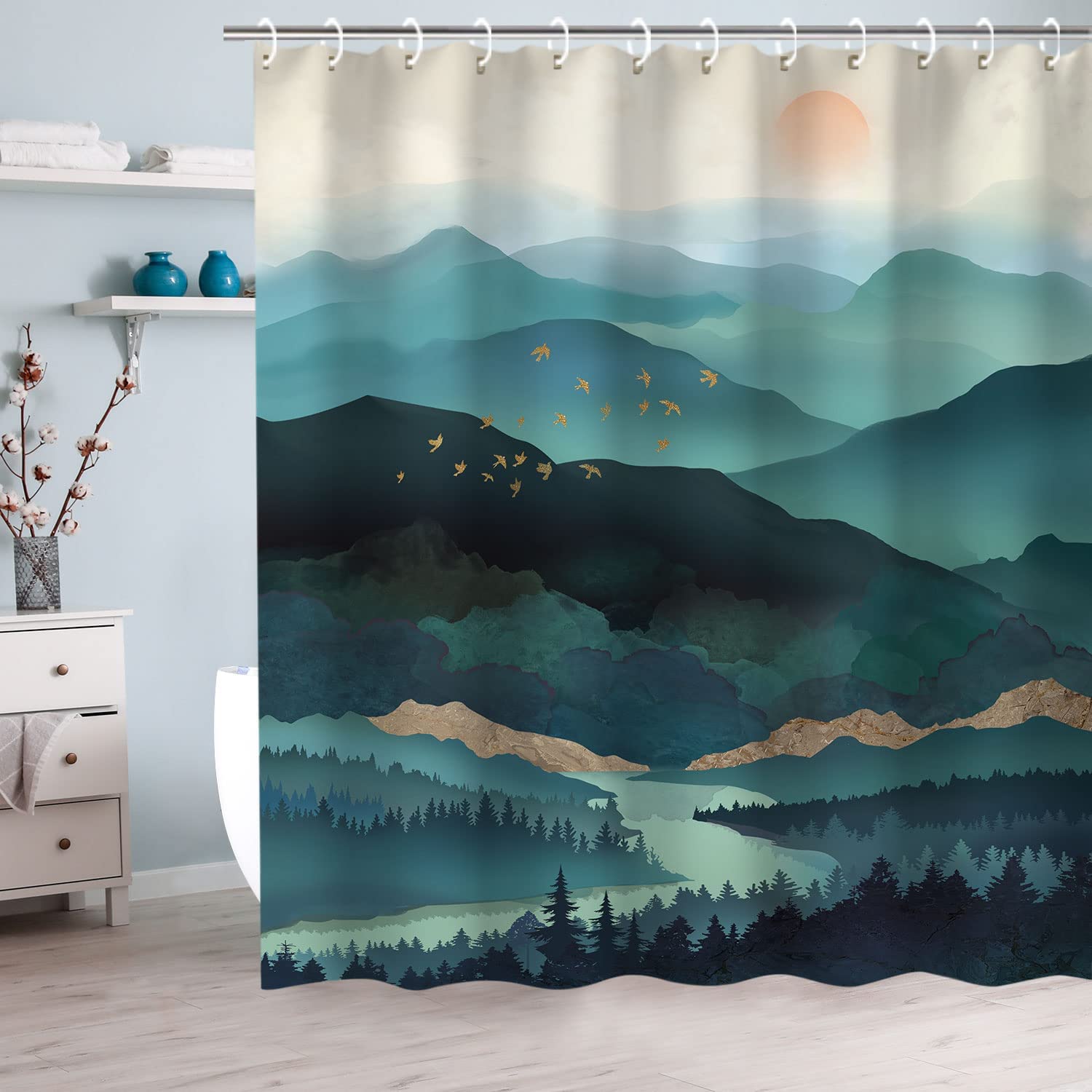 Teal Misty Forest Shower Curtain with Landscape Elements, Modern Bathroom Decor