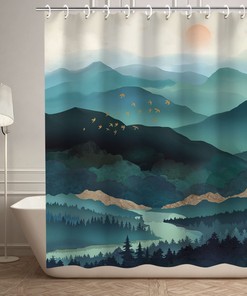 Teal Misty Forest Shower Curtain with Landscape Elements, Modern Bathroom Decor