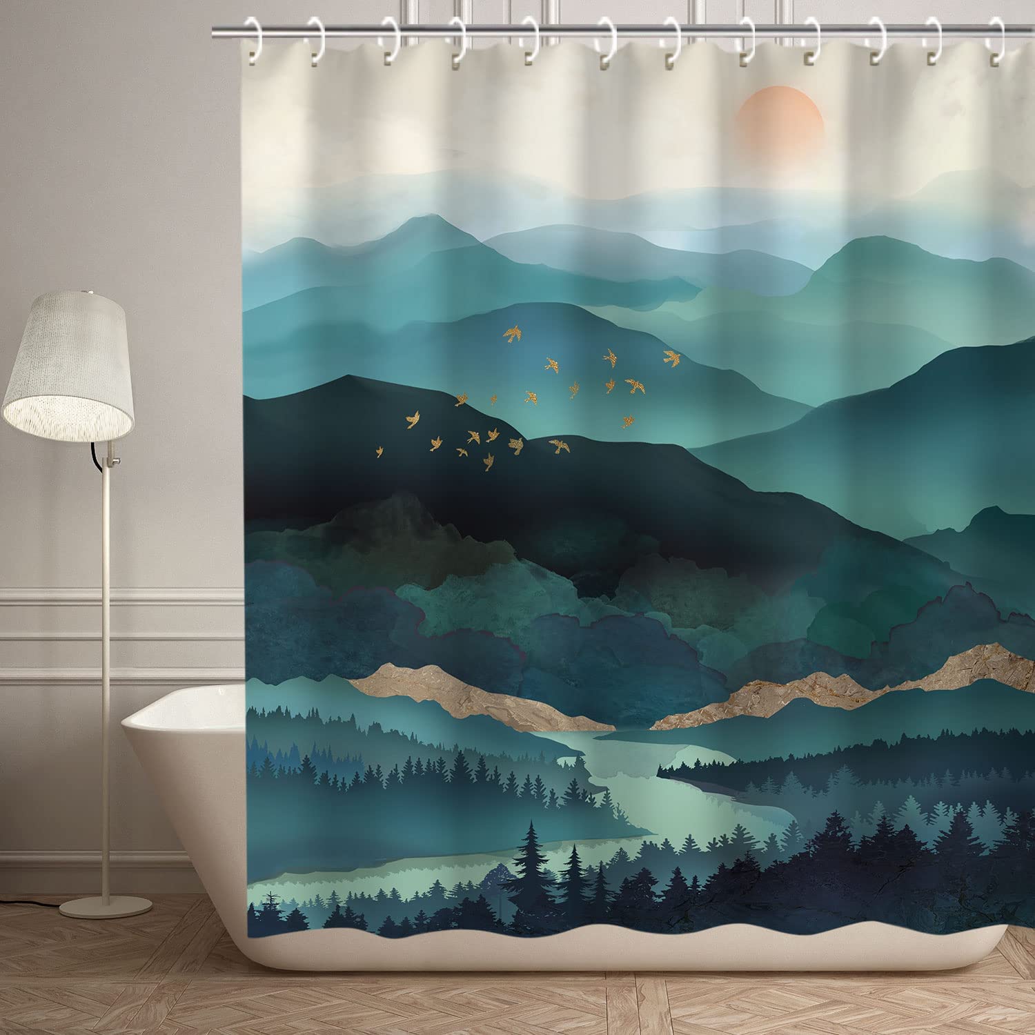 Teal Misty Forest Shower Curtain with Landscape Elements, Modern Bathroom Decor