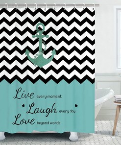 Teal Nautical Anchor Shower Curtain - Striped Chevron Bathroom Curtains with Beach Theme
