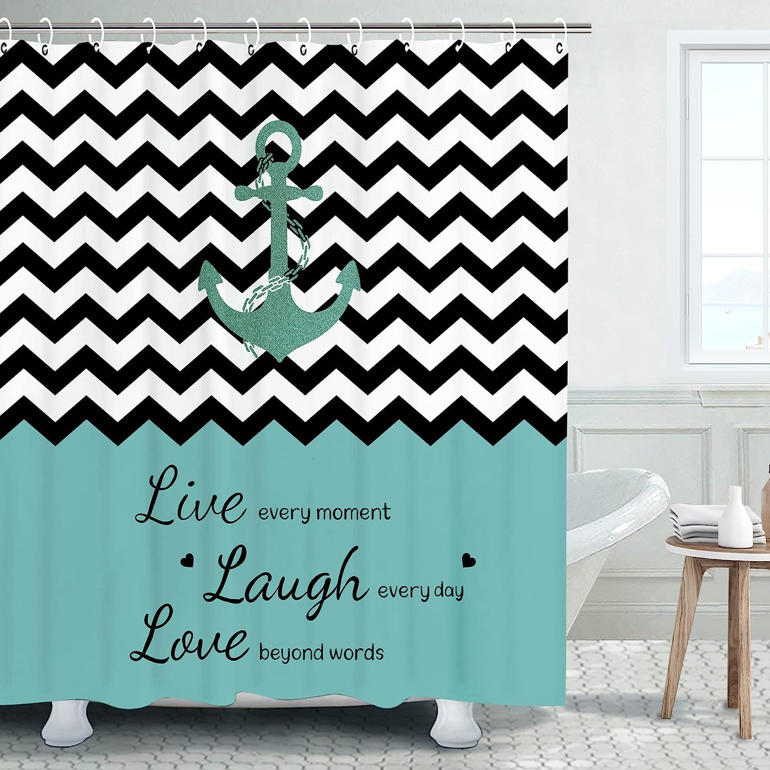Teal Nautical Anchor Shower Curtain - Striped Chevron Bathroom Curtains with Beach Theme