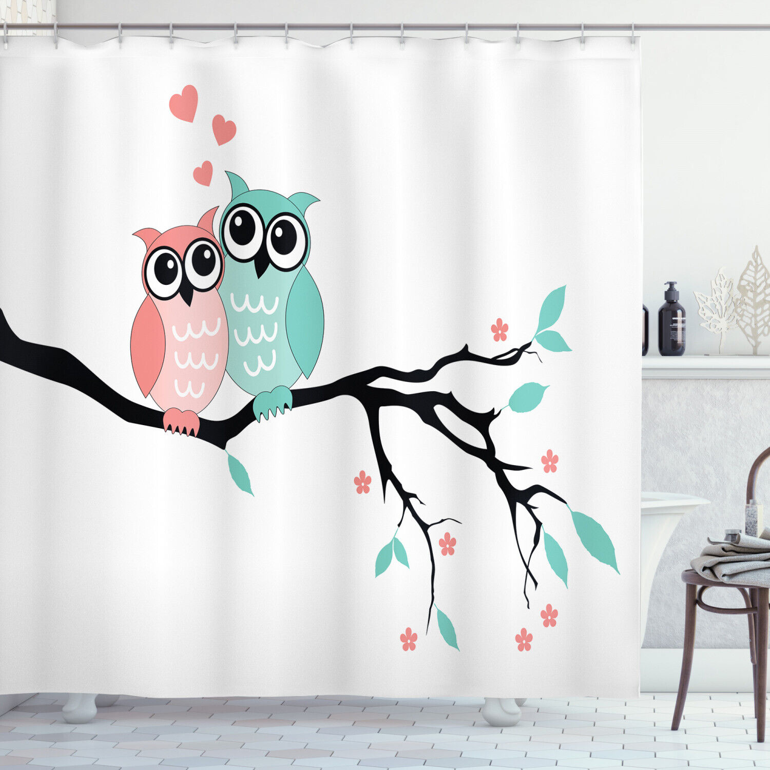 Teal Owl Couple Print Shower Curtain for Cute Bathrooms