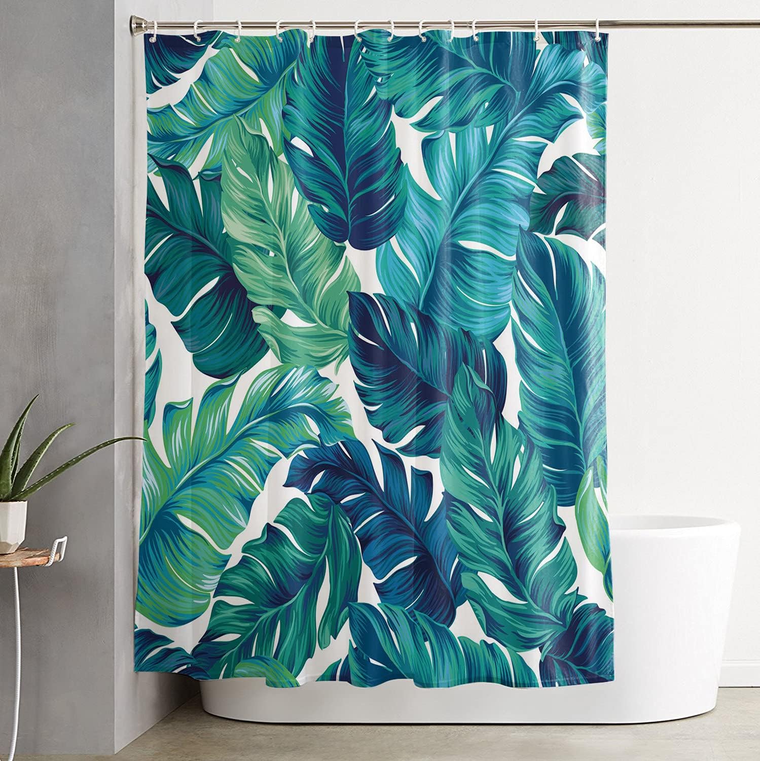 Teal Palm Banana Leaves Shower Curtain for a Tropical and Beachy Bathroom Theme