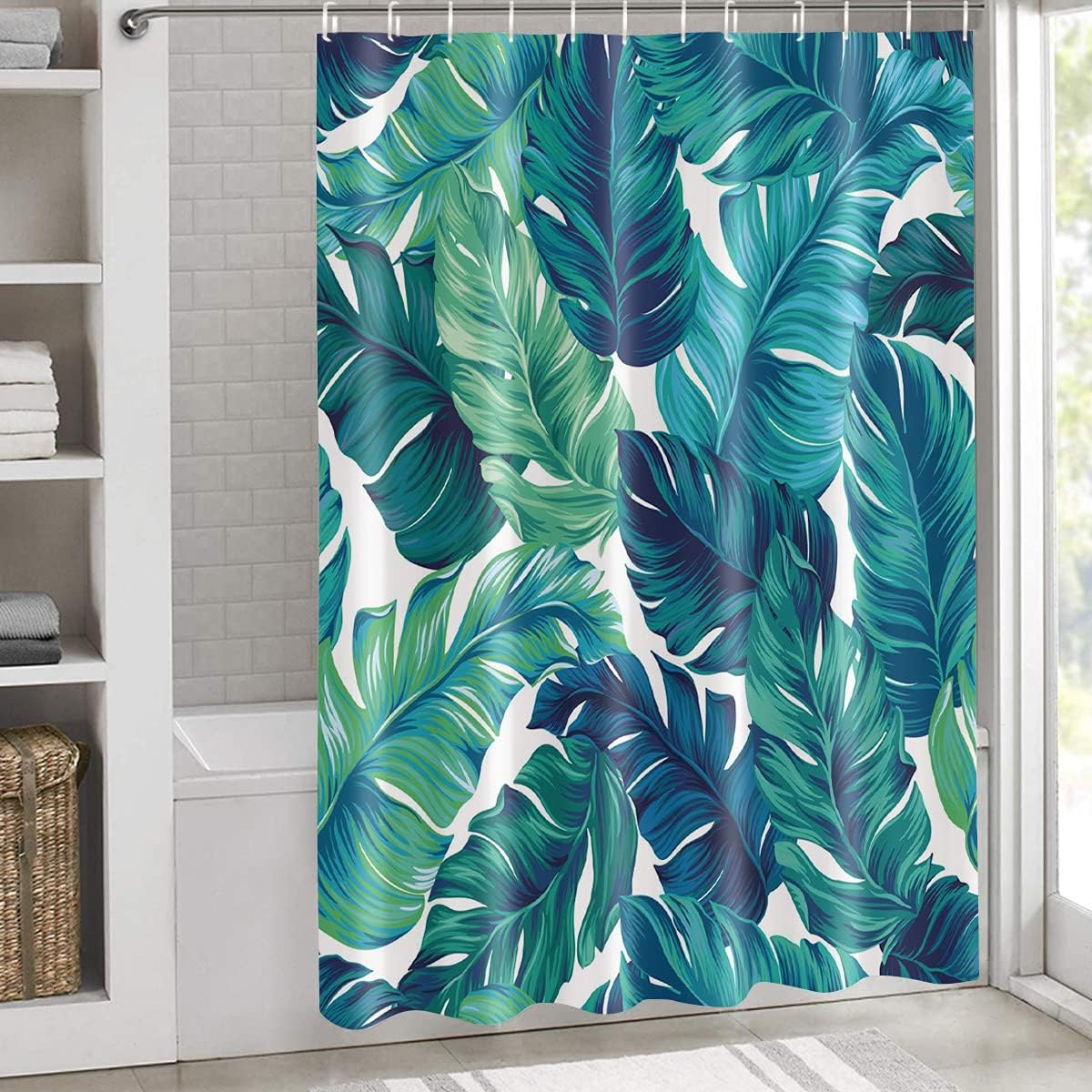 Teal Palm Banana Leaves Shower Curtain for a Tropical and Beachy Bathroom Theme