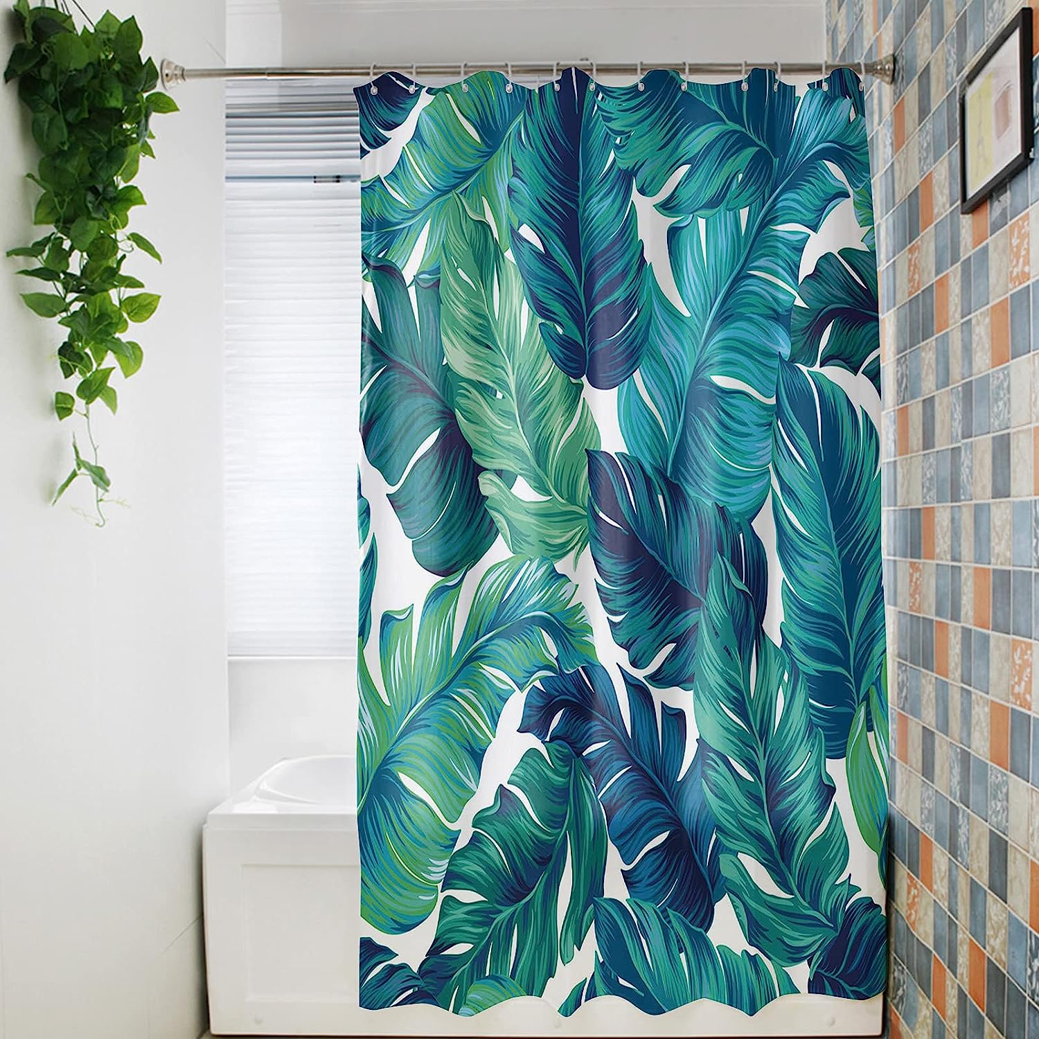 Teal Palm Banana Leaves Shower Curtain for a Tropical and Beachy Bathroom Theme