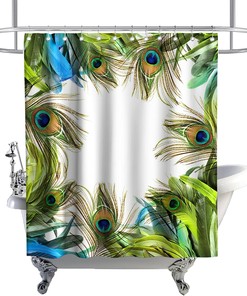Teal Peacock Feather Print Shower Curtain Tropical Wildlife Bathroom Decor Waterproof