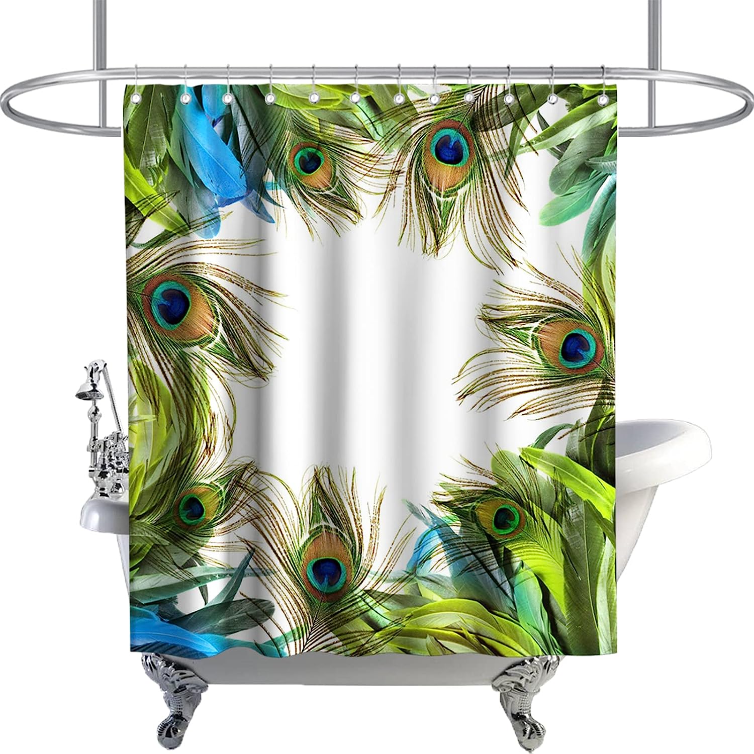 Teal Peacock Feather Print Shower Curtain Tropical Wildlife Bathroom Decor Waterproof