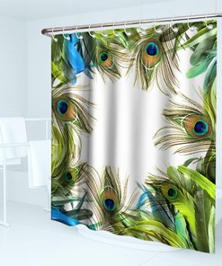 Teal Peacock Feather Print Shower Curtain Tropical Wildlife Bathroom Decor Waterproof