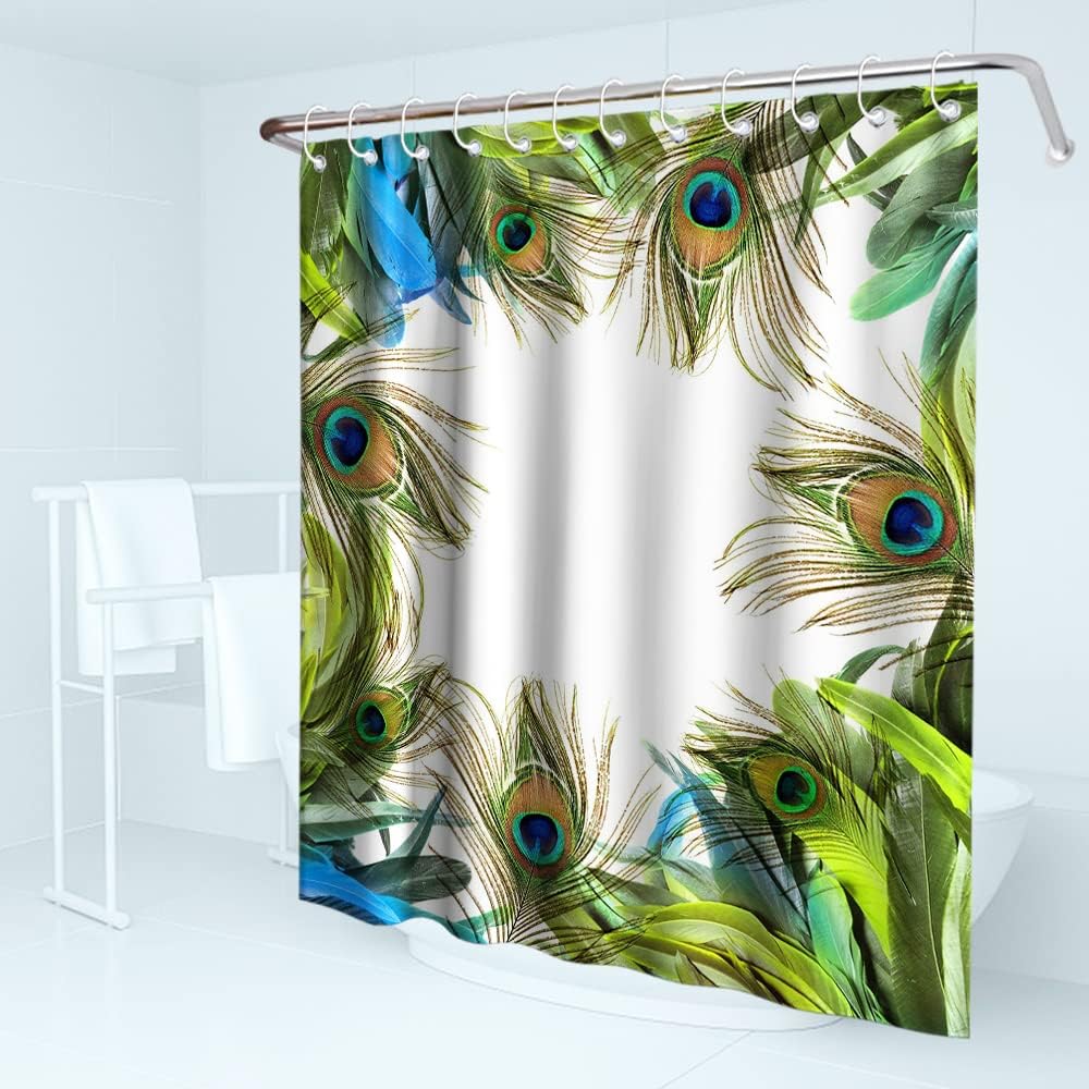 Teal Peacock Feather Print Shower Curtain Tropical Wildlife Bathroom Decor Waterproof
