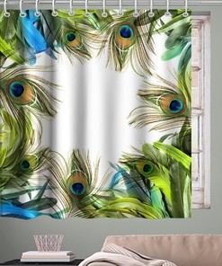Teal Peacock Feather Print Shower Curtain Tropical Wildlife Bathroom Decor Waterproof