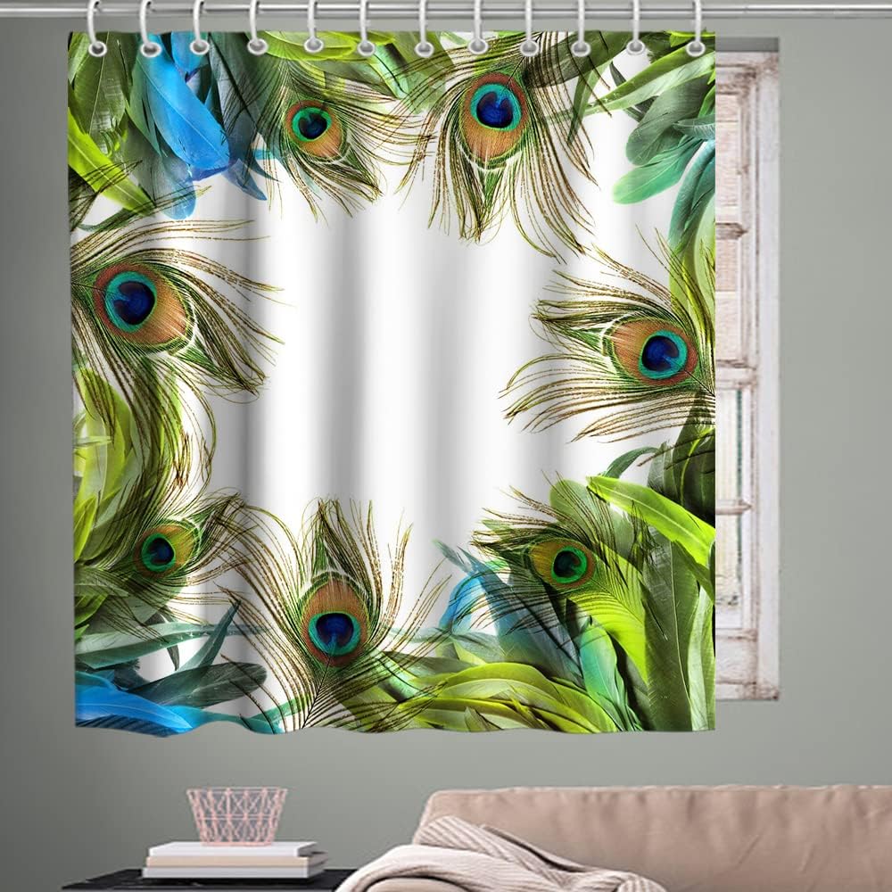 Teal Peacock Feather Print Shower Curtain Tropical Wildlife Bathroom Decor Waterproof
