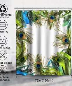 Teal Peacock Feather Print Shower Curtain Tropical Wildlife Bathroom Decor Waterproof