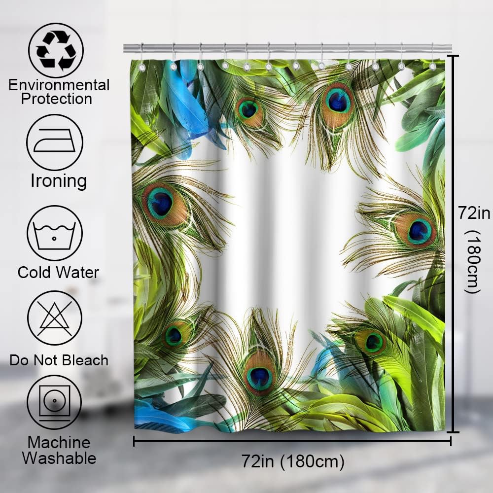 Teal Peacock Feather Print Shower Curtain Tropical Wildlife Bathroom Decor Waterproof