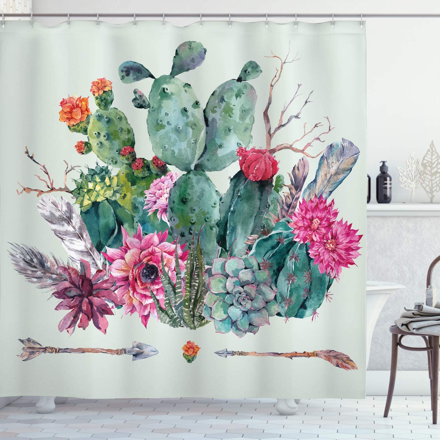 Teal Pink Spring Garden Boho Style Thorny Plants Blossoms Arrows Feathers Shower Curtain