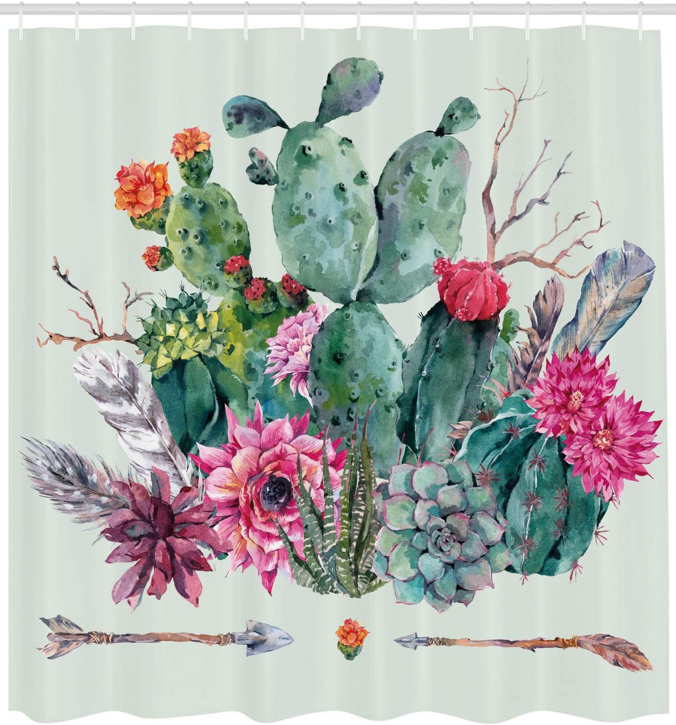 Teal Pink Spring Garden Boho Style Thorny Plants Blossoms Arrows Feathers Shower Curtain - Image 2