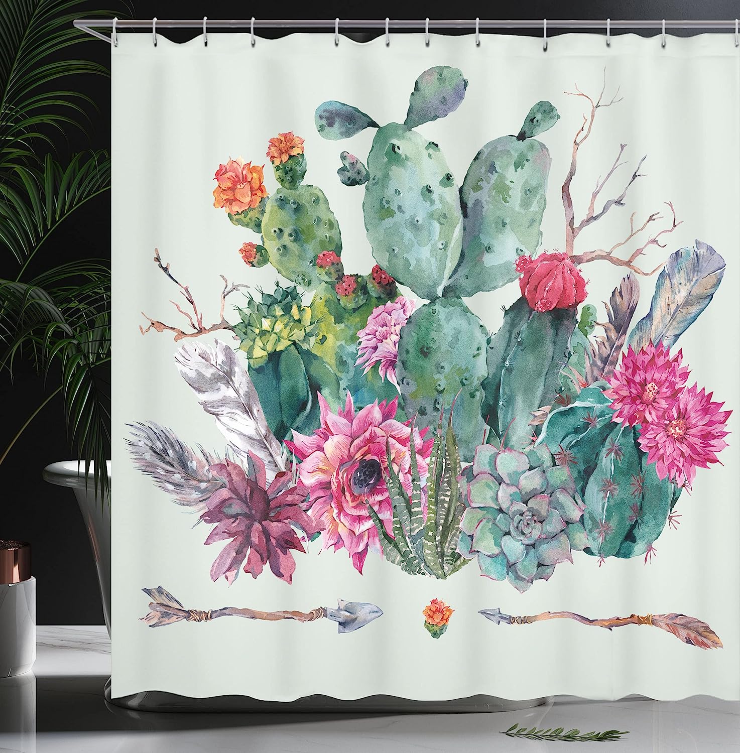 Teal Pink Spring Garden Boho Style Thorny Plants Blossoms Arrows Feathers Shower Curtain - Image 3