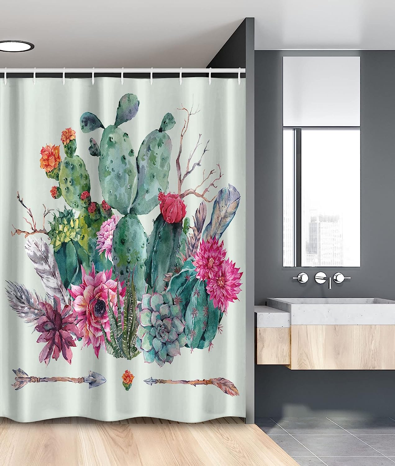 Teal Pink Spring Garden Boho Style Thorny Plants Blossoms Arrows Feathers Stall Shower Curtain