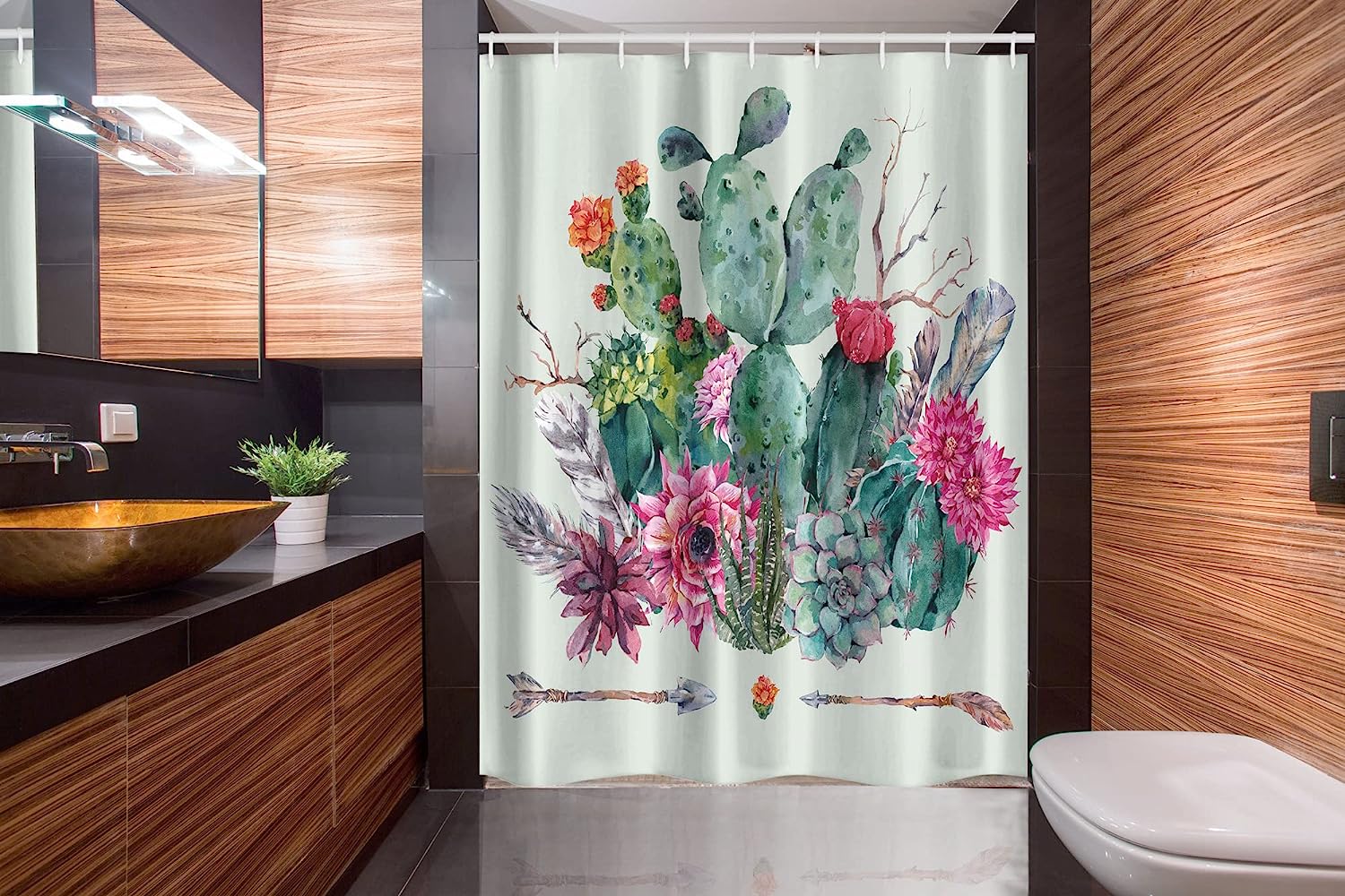 Teal Pink Spring Garden Boho Style Thorny Plants Blossoms Arrows Feathers Stall Shower Curtain - Image 2