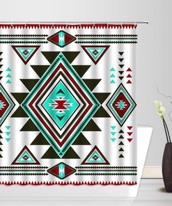 Teal Red Abstract Aztec Retro Shower Curtain, Southwestern Native American Tribal Bathroom Decor