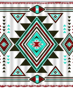 Teal Red Abstract Aztec Retro Shower Curtain, Southwestern Native American Tribal Bathroom Decor