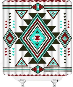 Teal Red Abstract Aztec Retro Shower Curtain, Southwestern Native American Tribal Bathroom Decor