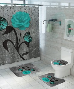 Teal Rose Flower & Butterfly Floral Shower Curtain And Bath Rug Set Decorative