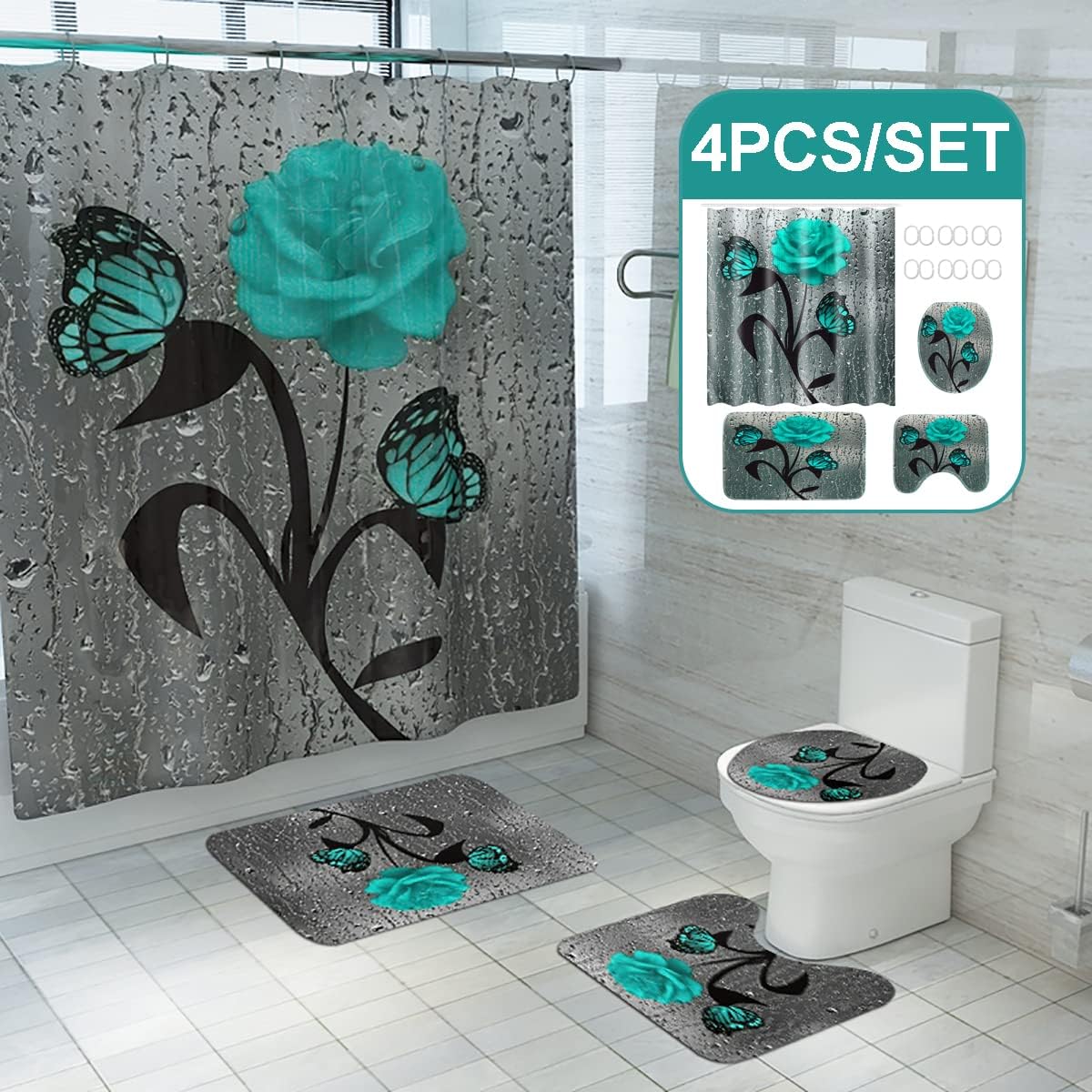 Teal Rose Flower & Butterfly Floral Shower Curtain And Bath Rug Set Decorative - Image 2