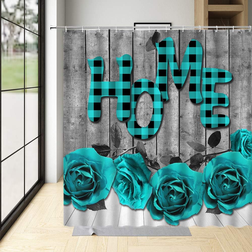 Teal Rustic Rose Shower Curtain for Country Chic Bathrooms