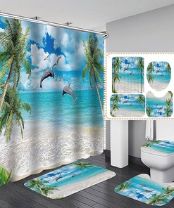 Teal Sea Blue Sky White Clouds Seagull Green Palm Leaf Seaside Island Scenery Marine Life Bathroom Decor for Bath