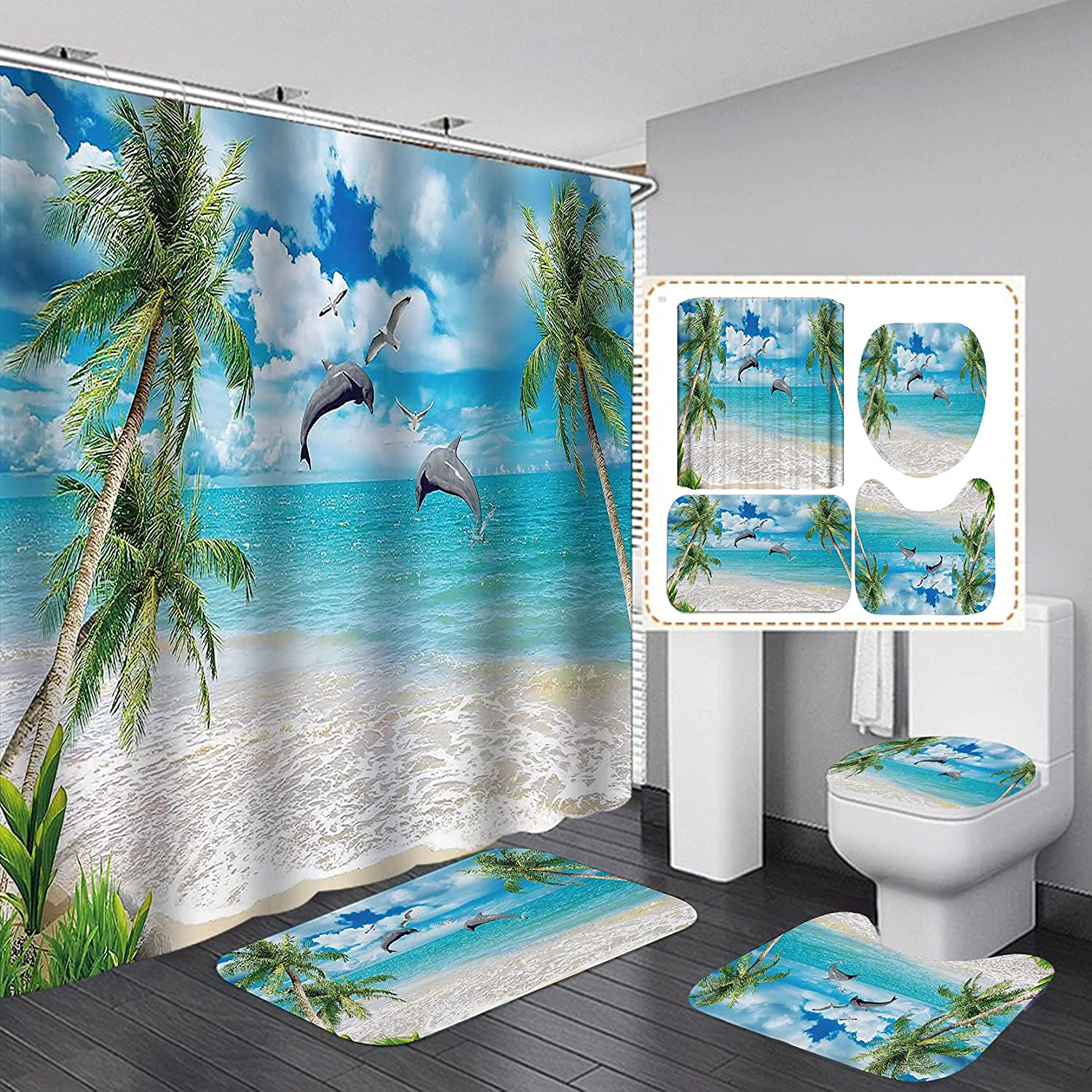 Teal Sea Blue Sky White Clouds Seagull Green Palm Leaf Seaside Island Scenery Marine Life Bathroom Decor for Bath