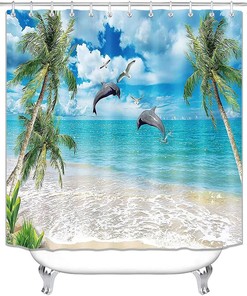 Teal Sea Blue Sky White Clouds Seagull Green Palm Leaf Seaside Island Scenery Marine Life Bathroom Decor for Bath