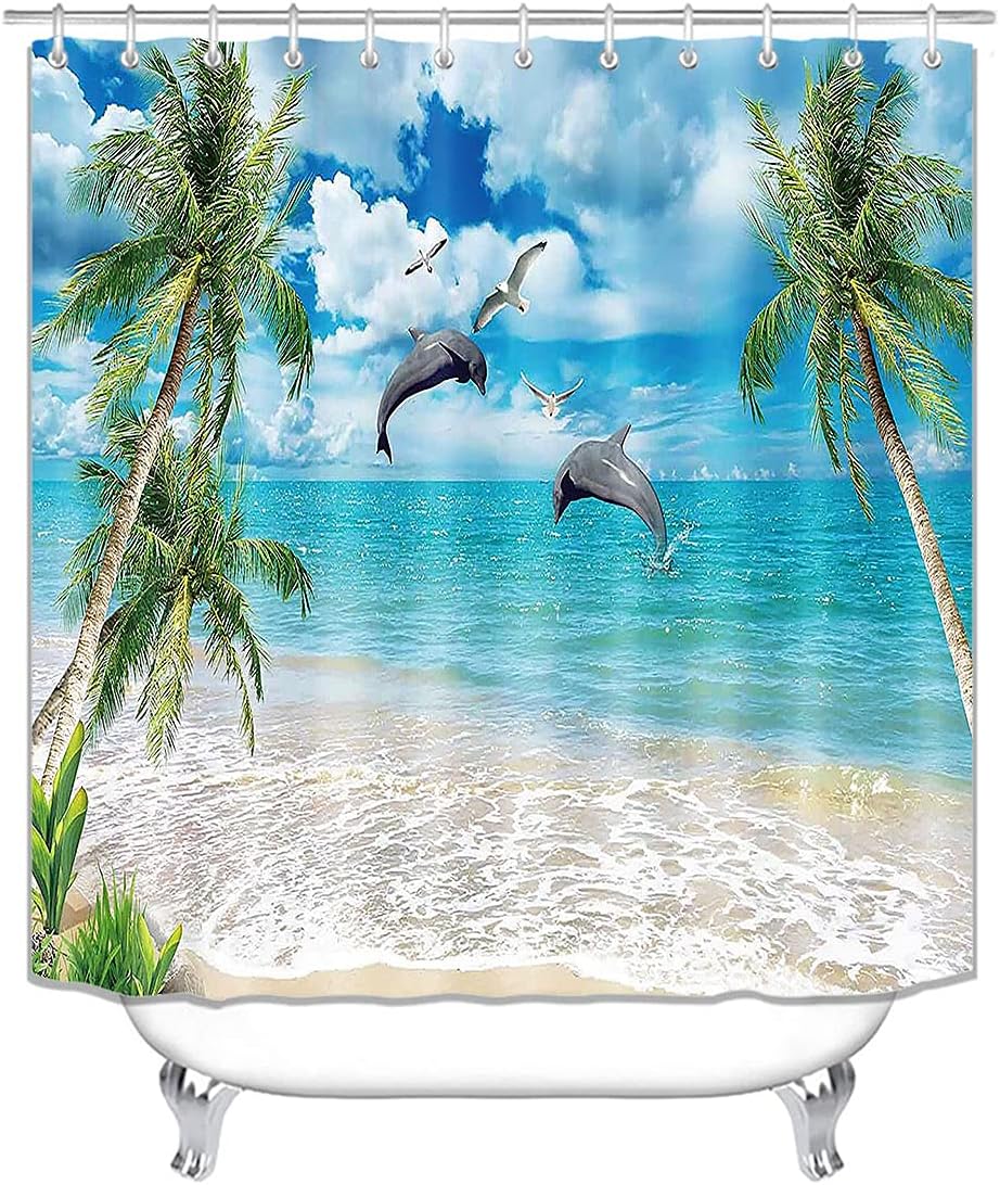 Teal Sea Blue Sky White Clouds Seagull Green Palm Leaf Seaside Island Scenery Marine Life Bathroom Decor for Bath