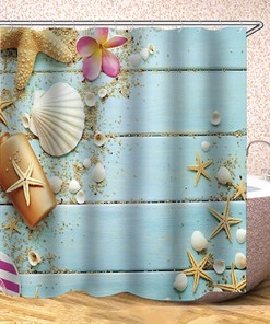 Teal Seashell and Starfish Shower Curtain on Wooden Board, Beach Bath Cloth Waterproof Bathroom Accessories with Curtain