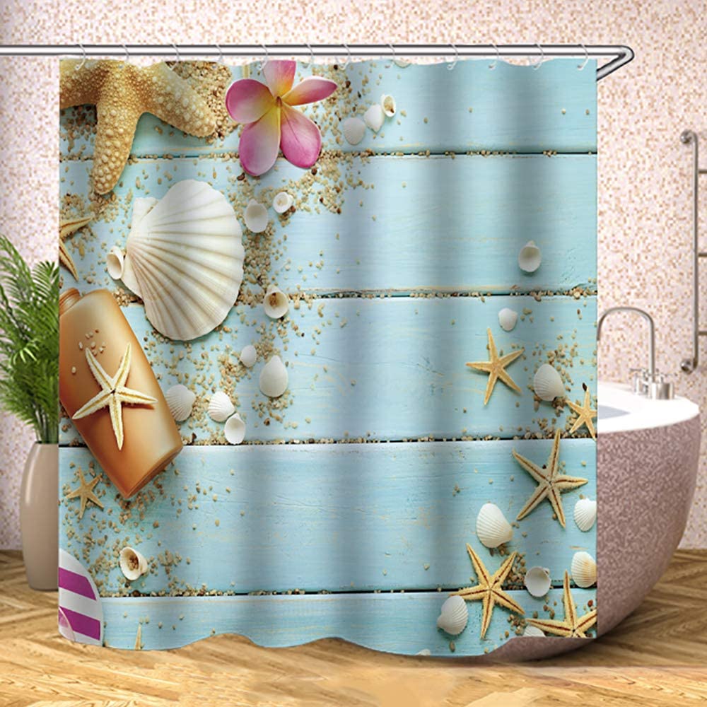 Teal Seashell and Starfish Shower Curtain on Wooden Board, Beach Bath Cloth Waterproof Bathroom Accessories with Curtain