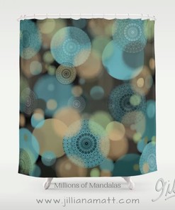 Teal Taupe Black Circles and Mandalas Shower Curtain for Bohemian Bath Decor