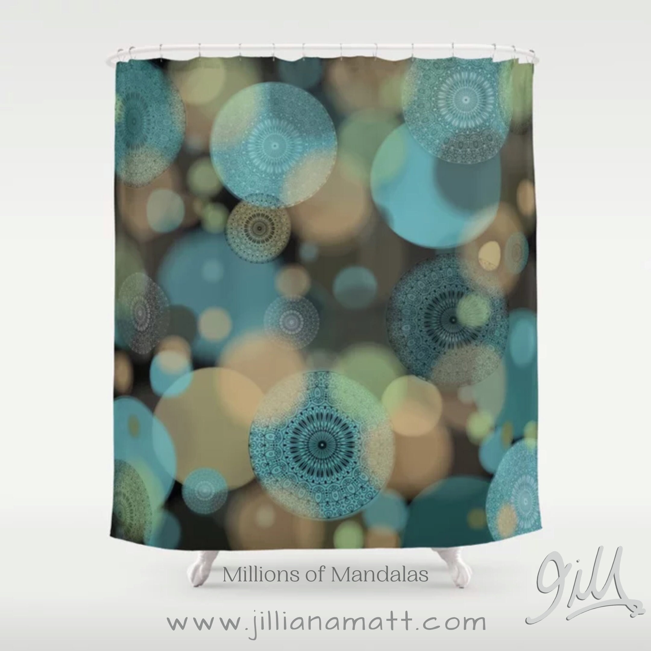 Teal Taupe Black Circles and Mandalas Shower Curtain for Bohemian Bath Decor