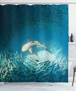 Teal Wildlife Print Fish Printed Shower Curtain For An Underwater Adventure-Themed Bathroom