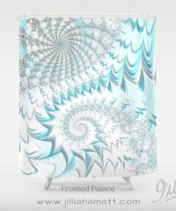 Teal and White Fabric Shower Curtain with Spiral Art Design and Geometric Pattern