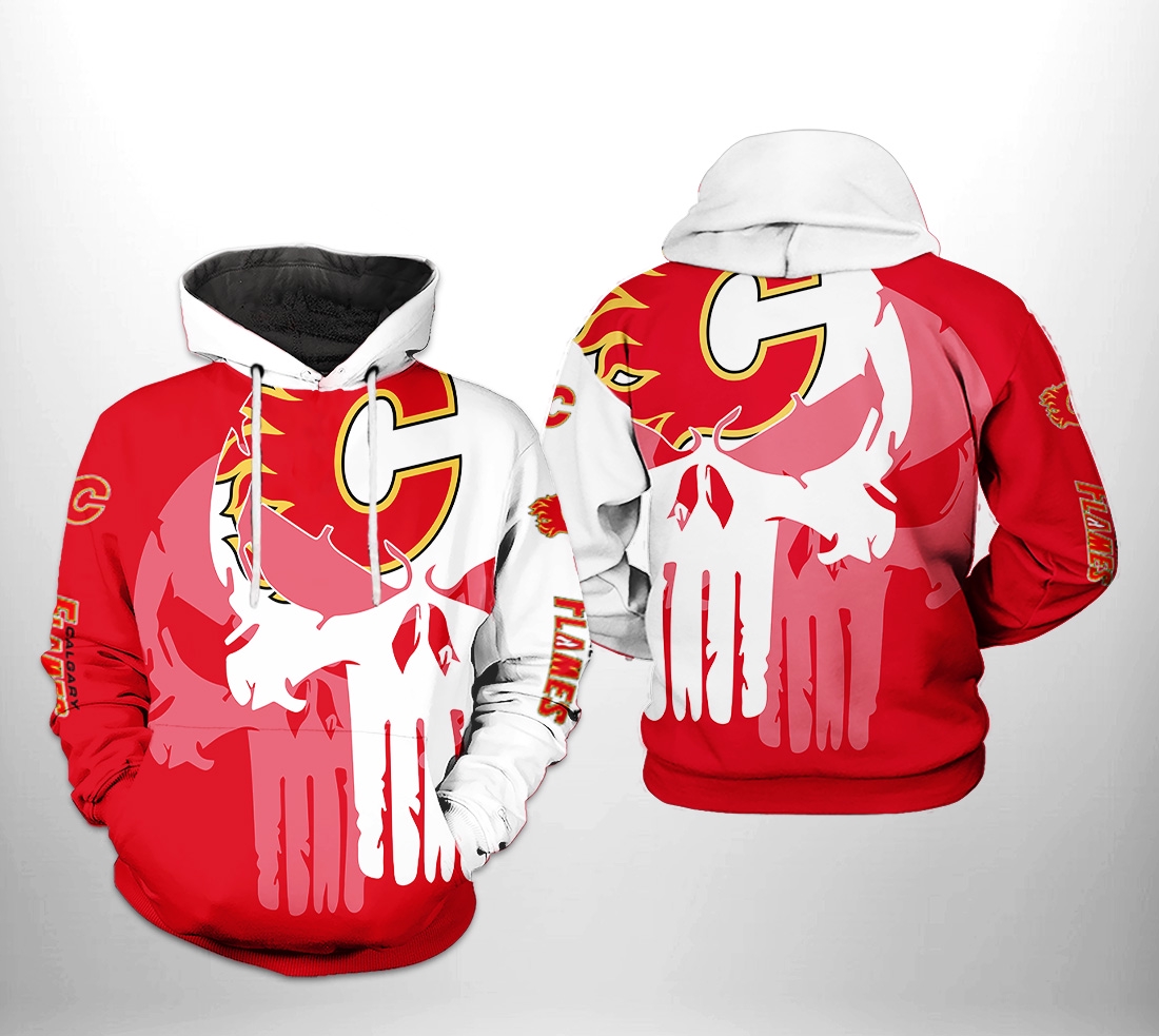 Team Skull 3D All Over Print Hoodie With Zip Up Option - Calgary Flames Nhl