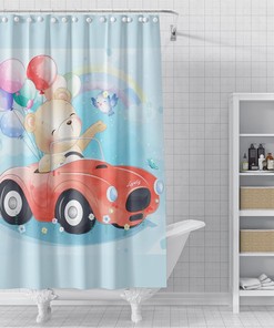 Teddy Bear Joy Ride Blue Shower Curtain for Kids, Colorful Bath Maximalist Decor