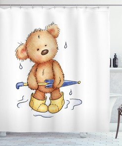 Teddy Bear Rain Umbrella Shower Curtain With Bear Print, Perfect For Rustic Bathroom Decor