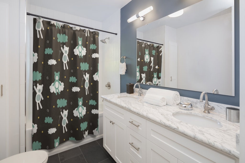 Teddy Bear Shower Curtain- Gender Neutral and Personalized Bathroom Accessory for Kid's Bathroom Decor